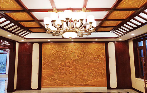 长城区中式别墅客厅中式木作横梁吊顶装饰展示